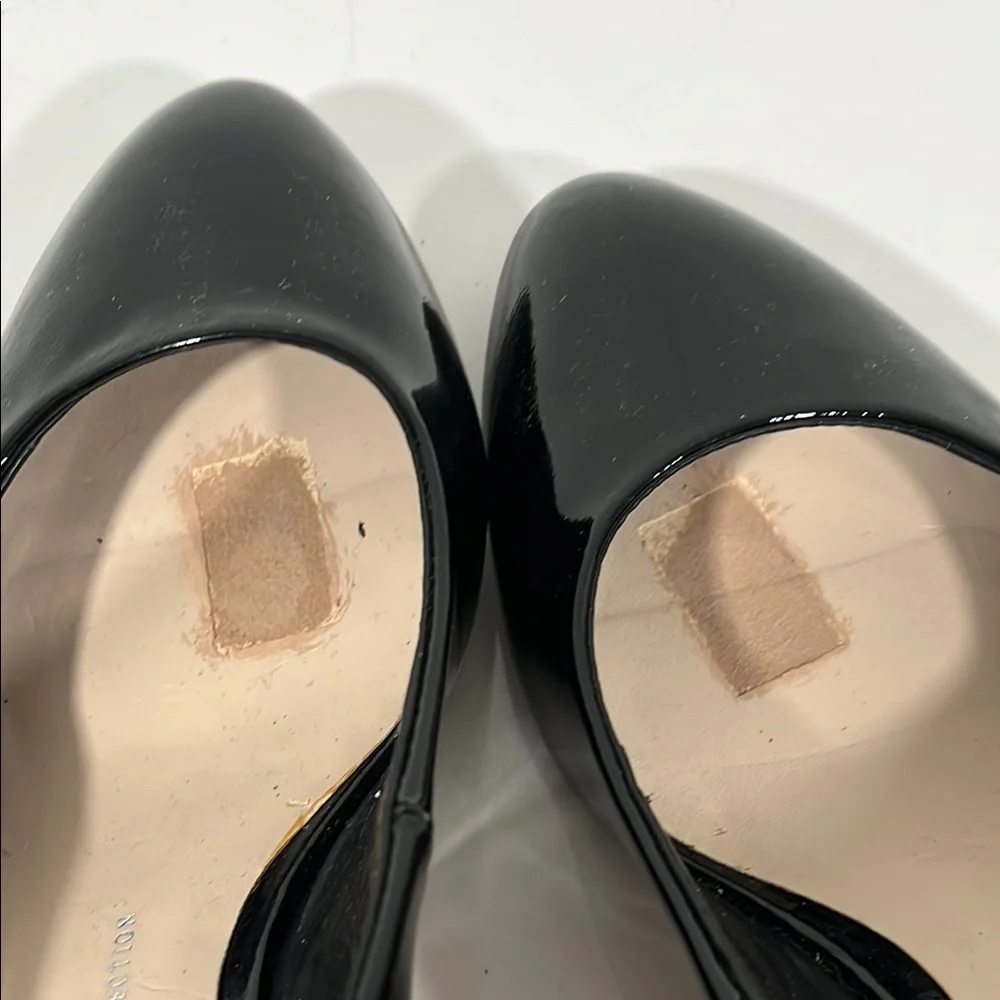 Franco Sarto Black and Tan Wedge Shoes patent leather straw wedge pump